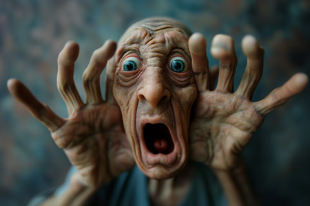 Portrait of an elderly individual with a shocked expression and hands up as if fending off something frightening.の素材