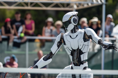 A humanoid robot holding a tennis racquet poised to play, with an audience in the background.の素材