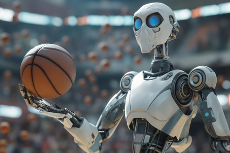 A humanoid robot with glowing blue eyes holds a basketball, conceptually merging technology and sportsの素材