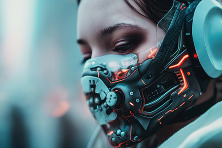 Close-up of a woman with cybernetic enhancements and glowing elements, symbolizing advanced technology.の素材