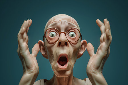 Elderly cartoonish character with exaggerated facial expression showing surprise and shock on teal background.の素材