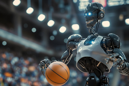 Advanced robot holding a basketball, showcasing artificial intelligence in sports.の素材