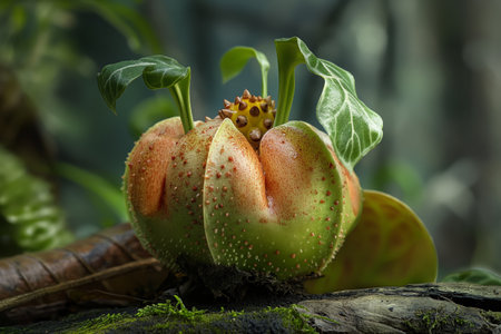 A seed sprouts into new life, symbolizing growth and new beginnings in a natural environment.の素材