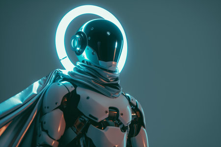 A sleek robotic figure with a glowing neon circle behind its head, evoking a sense of advanced technology and artificial intelligence.の素材