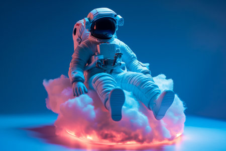 An astronaut sits atop a cloud with a surreal blue and red light ambiance, evoking a dream-like exploration theme.の素材