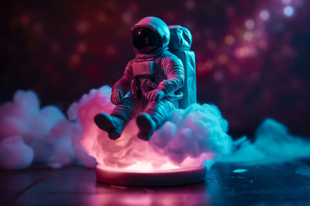 A whimsical scene of an astronaut figurine chilling on fluffy clouds with vibrant backlighting.の素材