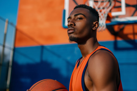 Young athlete with a basketball in hand, standing confidently on an outdoor court.の素材