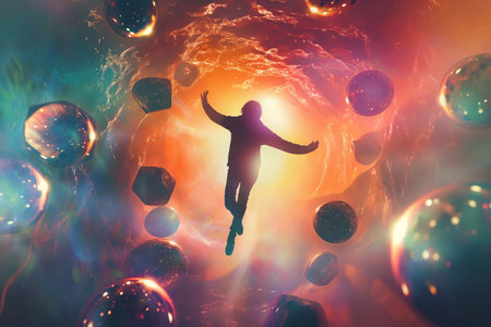 Silhouetted figure floating amidst vibrant orbs and dynamic energy currents, depicting metaphysical exploration.の素材