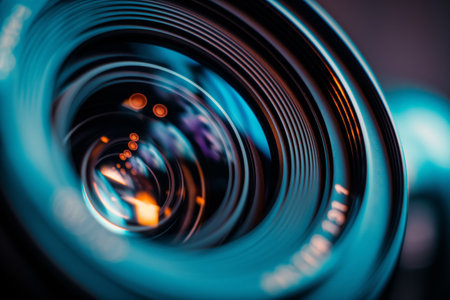 Close-up view of a camera lens with a shallow depth of field, highlighting the circular patterns and reflective surface.の素材
