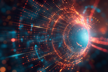 Abstract glowing digital tunnel in shades of red and blue, representing data flow, network concept or virtual reality environment.の素材
