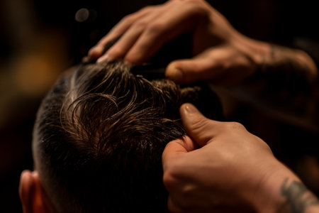 Close-up of a barbers hands styling a clients hair with precision, focusing on grooming details.の素材