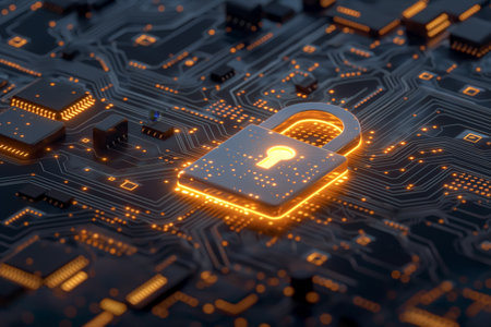 Glowing padlock symbolizing secure data on the electronic circuitry of a motherboard.の素材