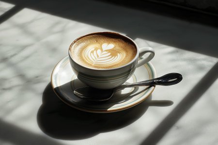 A cup of latte with a beautiful design on a striped saucer in sunlight casting shadows.の素材