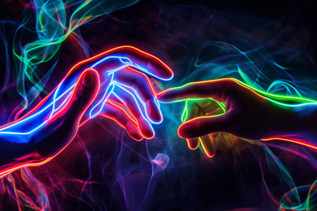 Colorful neon outlines of two hands about to touch, on a dark smoky background, symbolizing connection and digital interaction.の素材