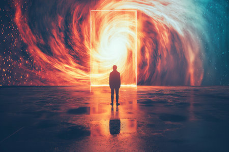 Silhouette of a person standing before a luminous portal amidst a surreal, swirling cosmic backdrop.の素材