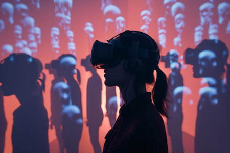 A person immersed in a virtual reality environment with simulated figures projected in red.の素材
