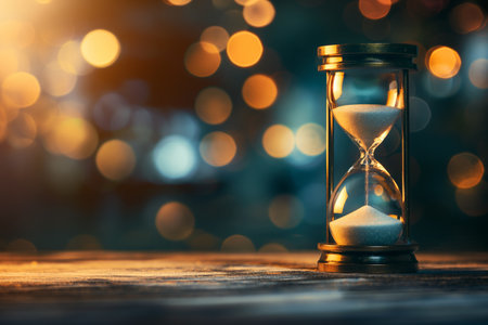 Hourglass on a wooden surface with golden bokeh lights in the background creating a warm atmosphere.の素材