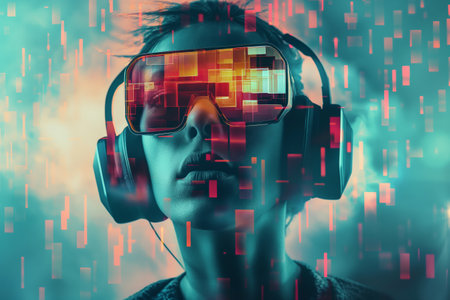 Person experiencing vivid virtual reality, surrounded by digital patterns and illuminated with neon lights.の素材