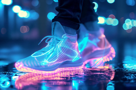 LED sneakers lighting up a wet city sidewalk with vibrant neon reflections.の素材