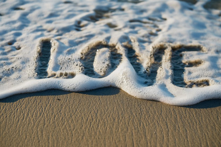 Sea foam gently flows over the word LOVE inscribed on the beach.の素材