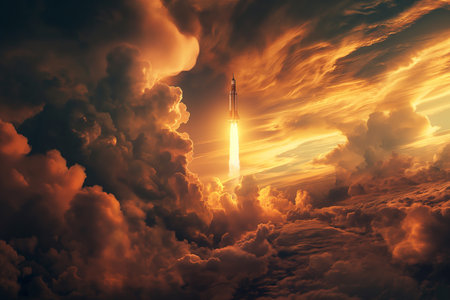 A rocket soars into a dramatic sunset sky, surrounded by vibrant clouds illuminated from below.の素材