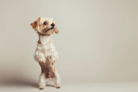Cute small dog performing a trick by standing upright on a neutral background, expressing playfulness and intelligence.の素材