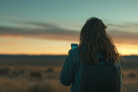Rear view of a woman taking a photo of a sunset over a vast landscape with her phone.の素材