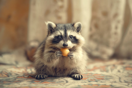 Captivating image of a raccoon holding and eating a small food item, expressing curiosity and delight.の素材