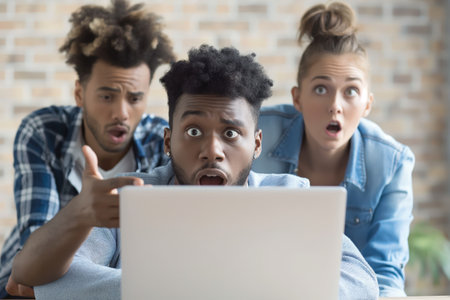 Three people displaying expressions of shock and disbelief while looking at a laptop.の素材
