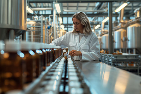 Female lab technician inspecting beer bottles on a conveyor belt in an industrial brewery settingの素材