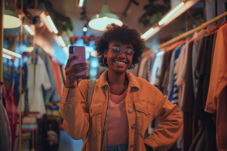 Smiling young woman taking a selfie in a vibrant clothing store, with trendy neon lighting in the background.の素材