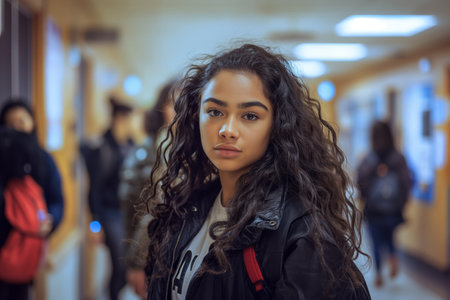 A young female student with curly hair stands in focus in a school hallway, embodying confidence and youthful beauty.の素材