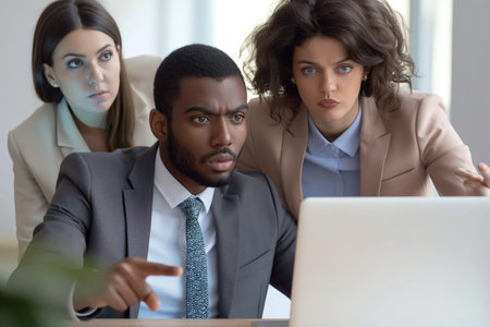 Three professionals appear puzzled while looking at a laptop screen, signifying problem-solving in a business context.の素材