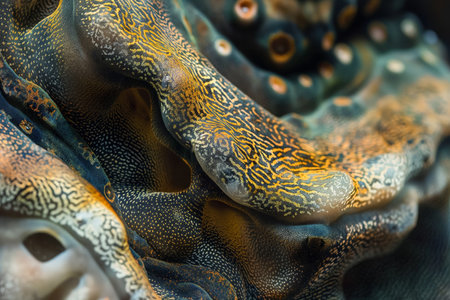 Macro shot emphasizing the rich textures and patterns on a surface with vibrant golden hues.の素材