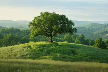 A single majestic tree stands tall on a lush green hill, overlooking a tranquil landscape with rolling hills and a distant mountain range.の素材