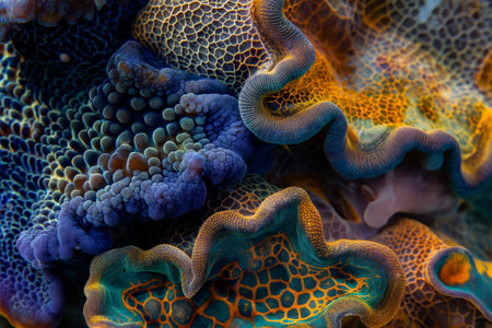 Macro shot of colorful coral texture showcasing intricate patterns and marine biodiversity.の素材
