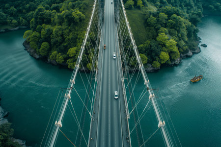An aerial view capturing vehicles crossing a modern suspension bridge surrounded by vibrant greenery and calm turquoise waters with a traditional boat sailing below.の素材