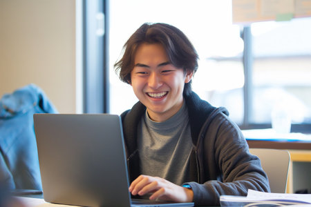 Cheerful male professional using computer in a well-lit work environment.の素材