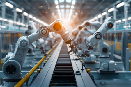 Industrial robotic arms assembling products on production line in factory setting.の素材