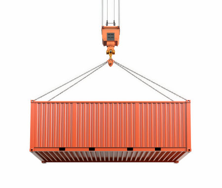 An isolated shipping container suspended by a crane against a white background, symbolizing logistics and transport.の素材
