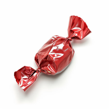 Illustration of a shiny red candy wrapper, conceptually representing sweets, indulgence, and treats.の素材