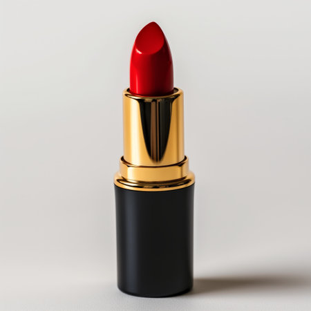 Close-up of a classic red lipstick with a gold and black casing, isolated on a light backdrop.の素材