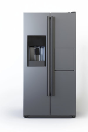 A sleek, double-door refrigerator featuring a built-in water dispenser on a white background.の素材