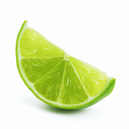 Bright green slice of lime with juicy pulp, isolated on a white background, vibrant and fresh.の素材