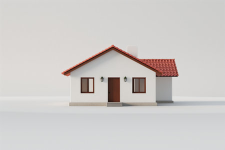 Minimalist design of a single-story residential house with a red tiled roof on a plain white background, representing simplicity and modern living.の素材
