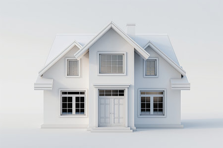 Simplistic design of a modern suburban house front against a white background evokes ideas of new beginnings and modern living.の素材