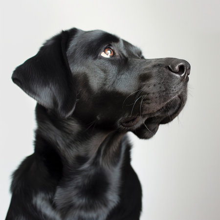 Black Labrador Retriever gazing upwards with a contemplative expression, neutral backgroundの素材