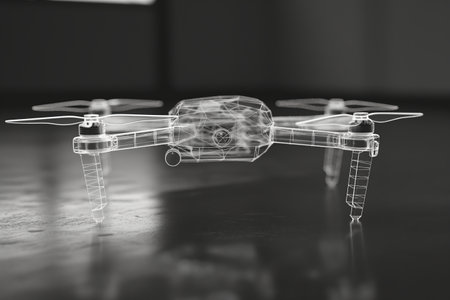 A conceptual transparent design of a quadcopter drone over a dark surface, showcasing its internal structure.の素材