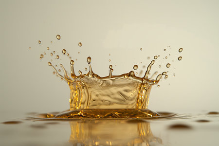 High-speed capture of a dynamic golden liquid splash resembling a crown, against a soft light backgroundの素材