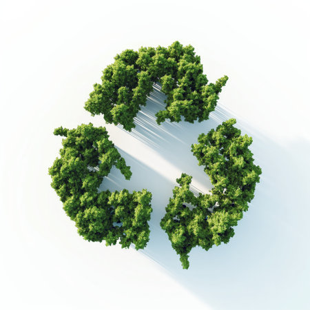 Top view of a recycling symbol, creatively formed by lush green trees on a clean white background.の素材